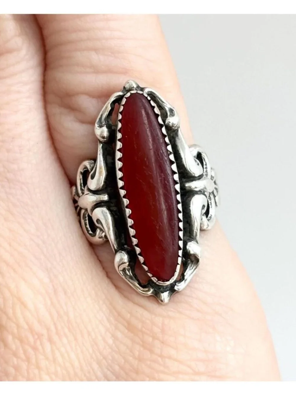 Carnelian Gemstone Jumbo Art Nouveau Sterling Silver 925 Vintage Ring - sz 5